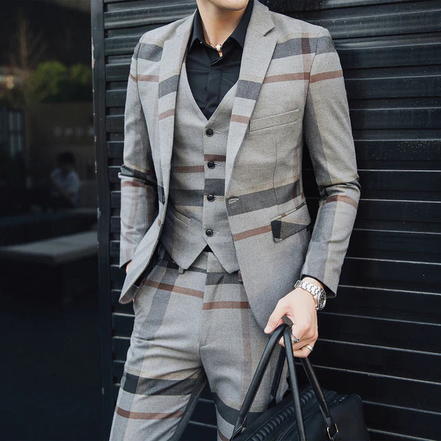 Men's Casual Wedding Suit Plaid Single-Breasted Blazer Vest Pants 3-Piece