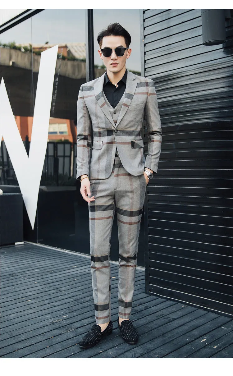 Men's Casual Wedding Suit Plaid Single-Breasted Blazer Vest Pants 3-Piece