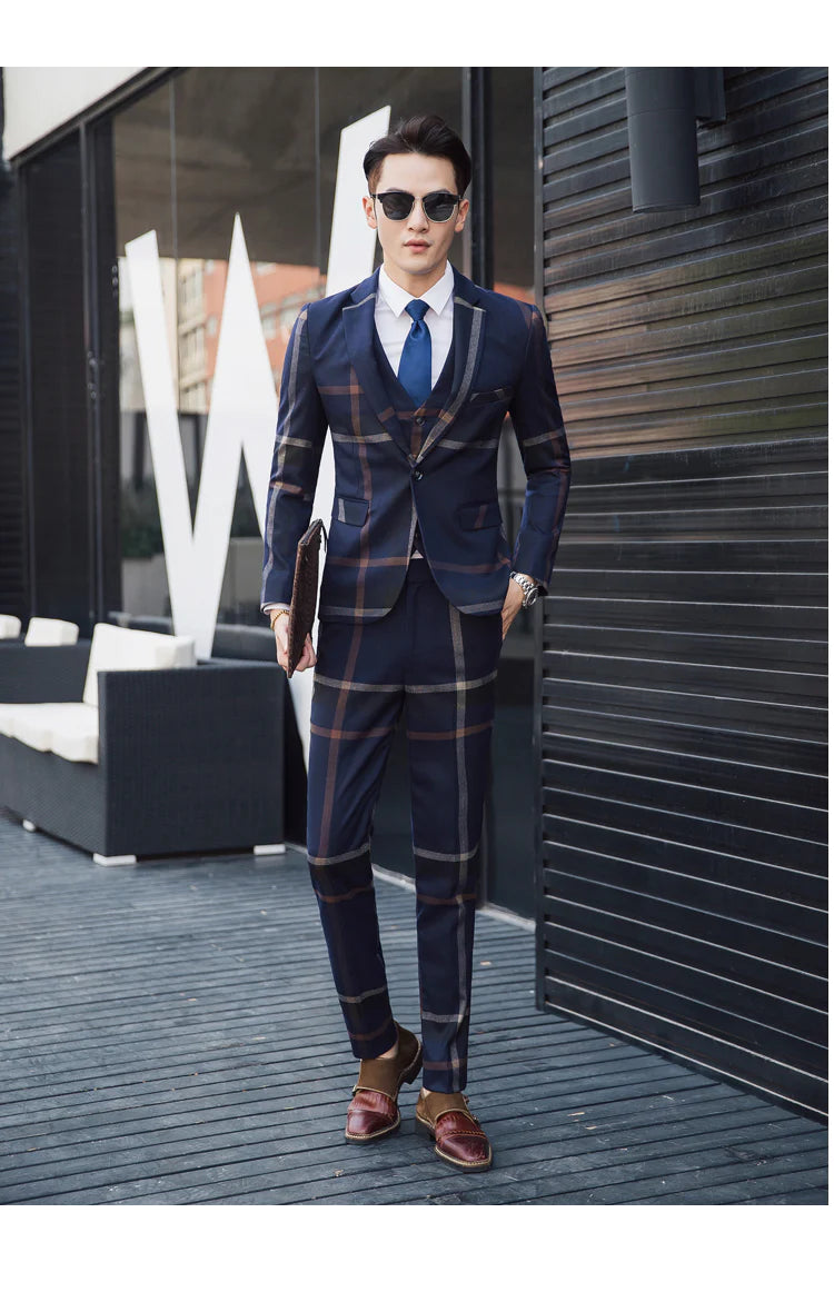 Men's Casual Wedding Suit Plaid Single-Breasted Blazer Vest Pants 3-Piece