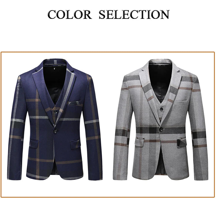 Men's Casual Wedding Suit Plaid Single-Breasted Blazer Vest Pants 3-Piece