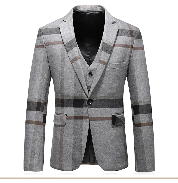 Men's Casual Wedding Suit Plaid Single-Breasted Blazer Vest Pants 3-Piece