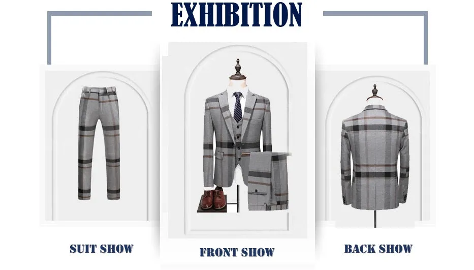 Men's Casual Wedding Suit Plaid Single-Breasted Blazer Vest Pants 3-Piece