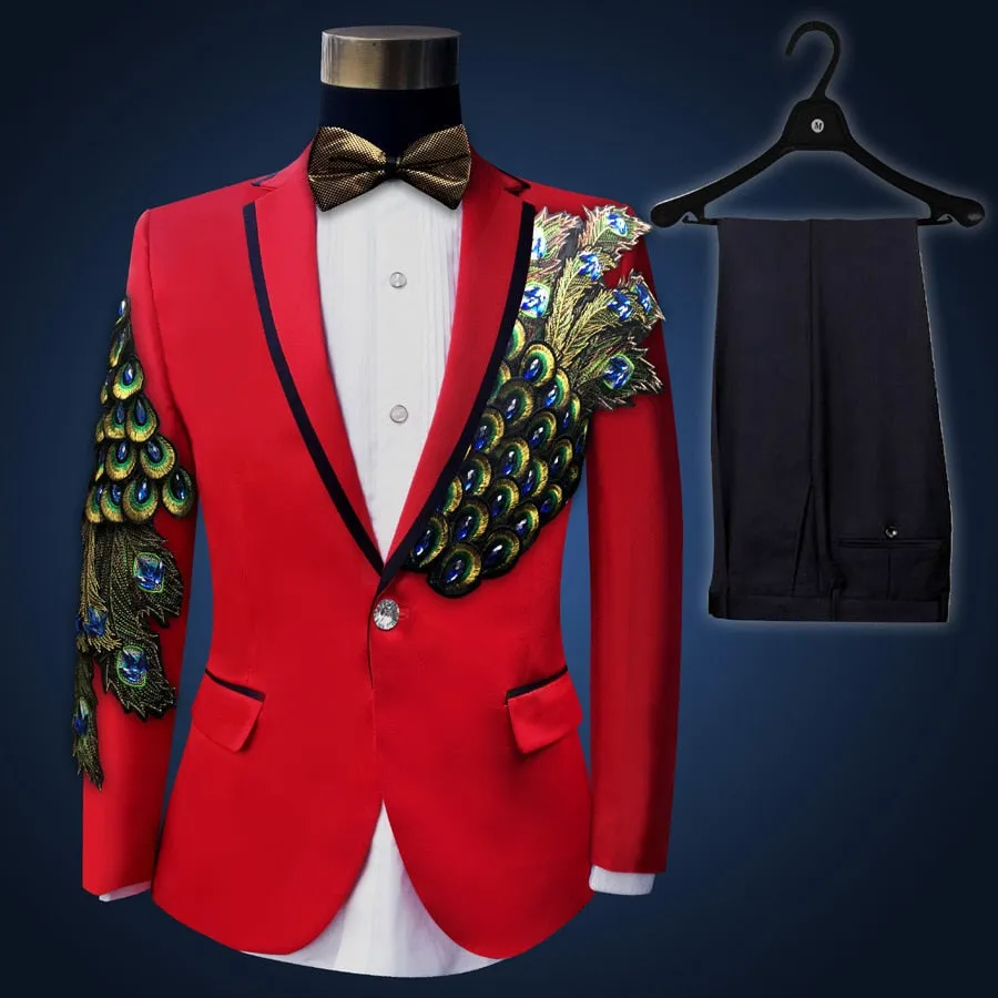 Men's England Style Polyester Beaded Tuxedo Jacket Pants Two-Piece Suit