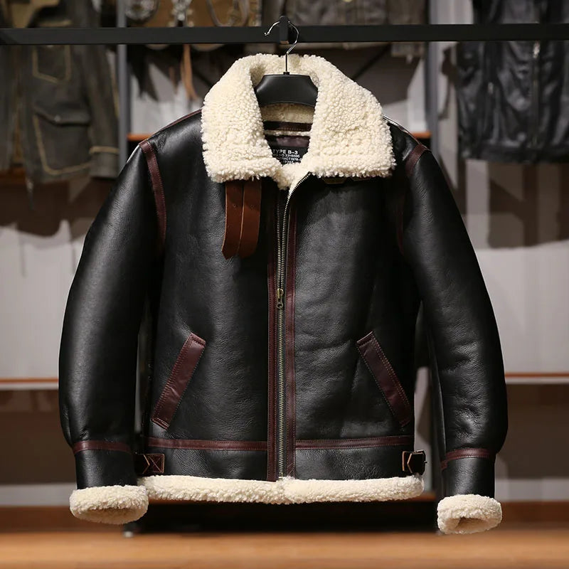 Men's Genuine Sheep Leather Shearling Bomber Fur Jacket