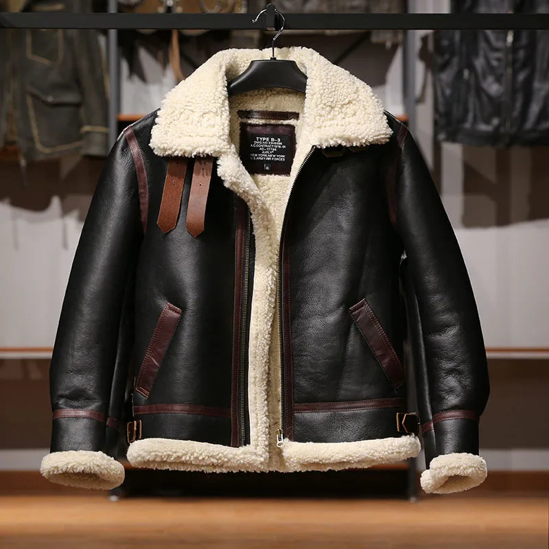 Men's Genuine Sheep Leather Shearling Bomber Fur Jacket