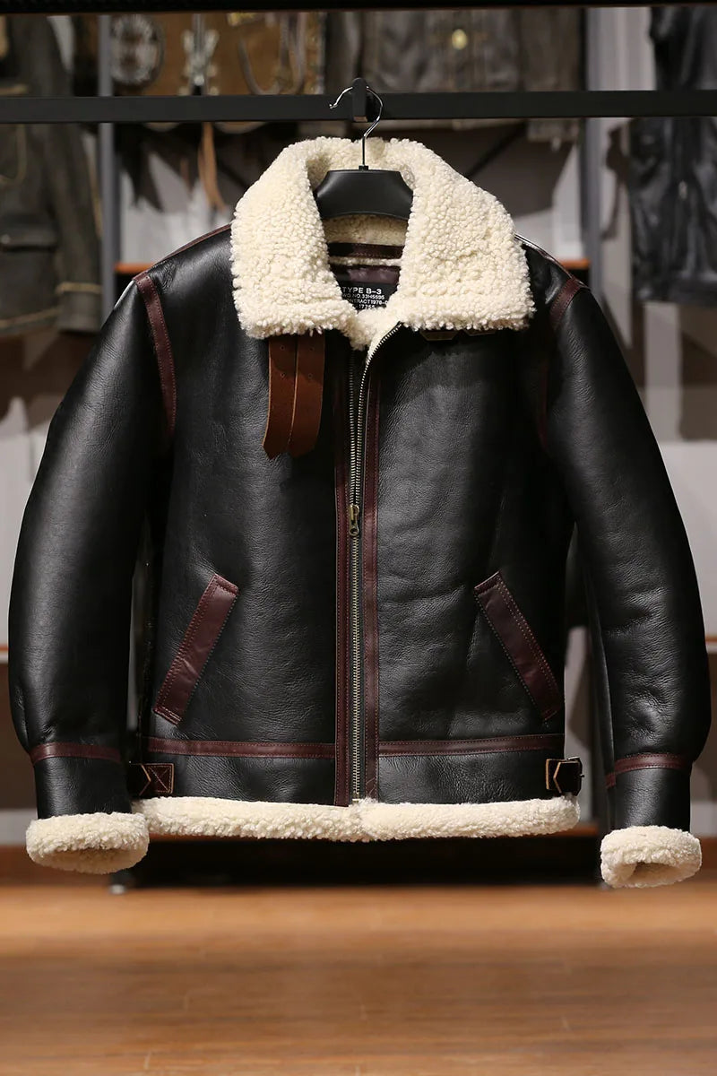 Men's Genuine Sheep Leather Shearling Bomber Fur Jacket