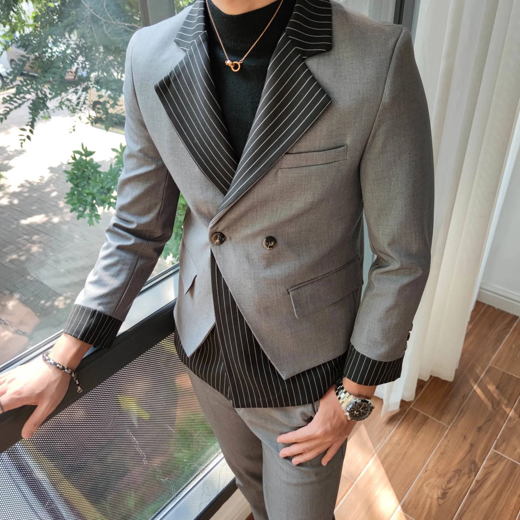 Men's Korean Style Patchwork Pattern Slim Fit Tuxedo Two-Piece Suit