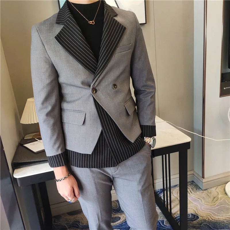 Men's Korean Style Patchwork Pattern Slim Fit Tuxedo Two-Piece Suit