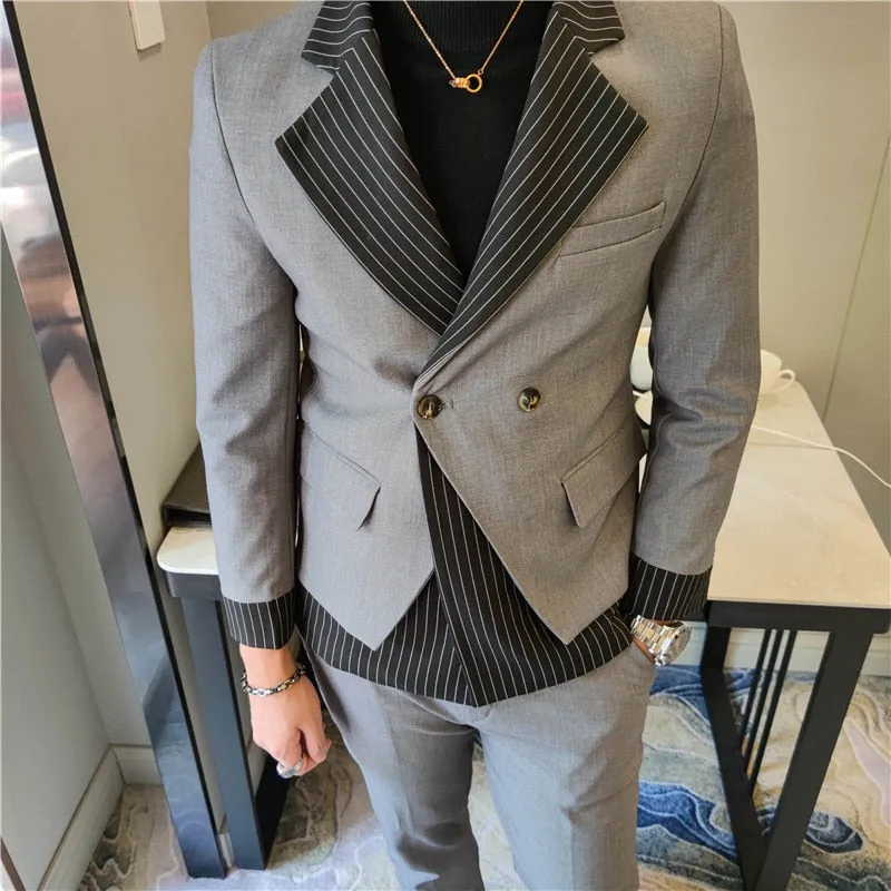 Men's Korean Style Patchwork Pattern Slim Fit Tuxedo Two-Piece Suit