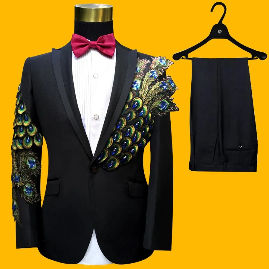 Men's Polyester Black Beaded Slim Fit Tuxedo Jacket Pants Two-Piece Suit