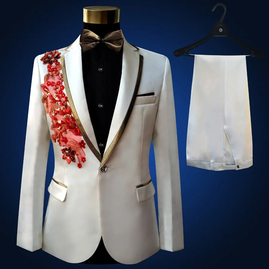 Men's Polyester White Beaded Slim Fit Tuxedo Jacket Pants Two-Piece Suit