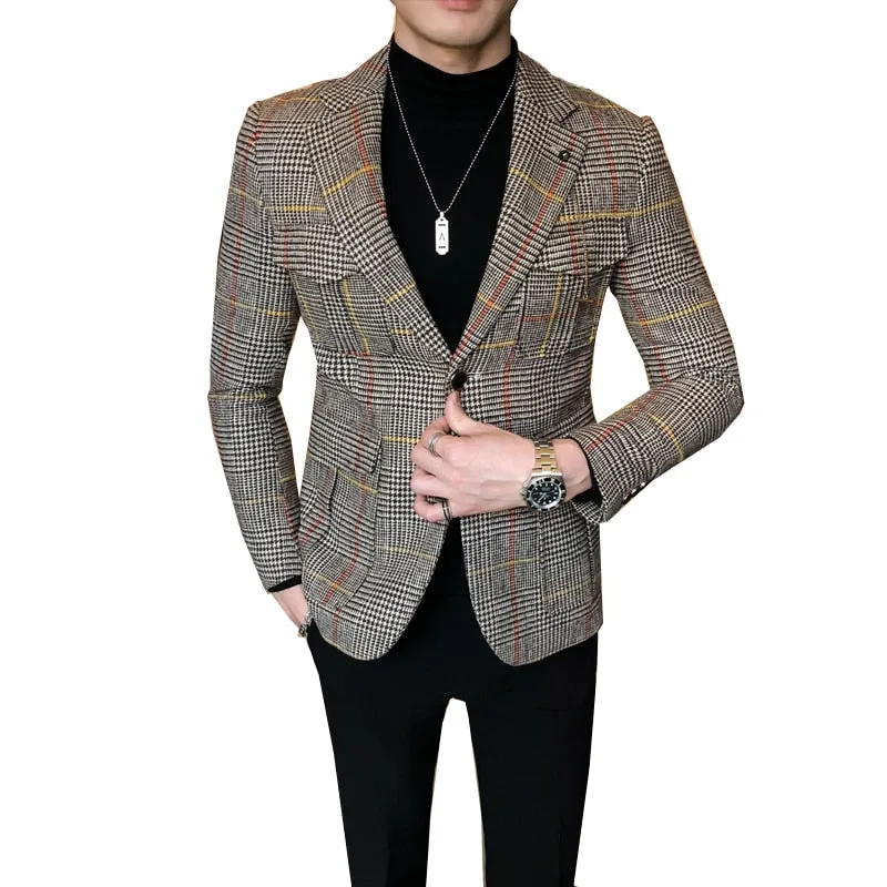 Men's Vintage British Style Plaid Pattern Business Casual Jacket Blazer