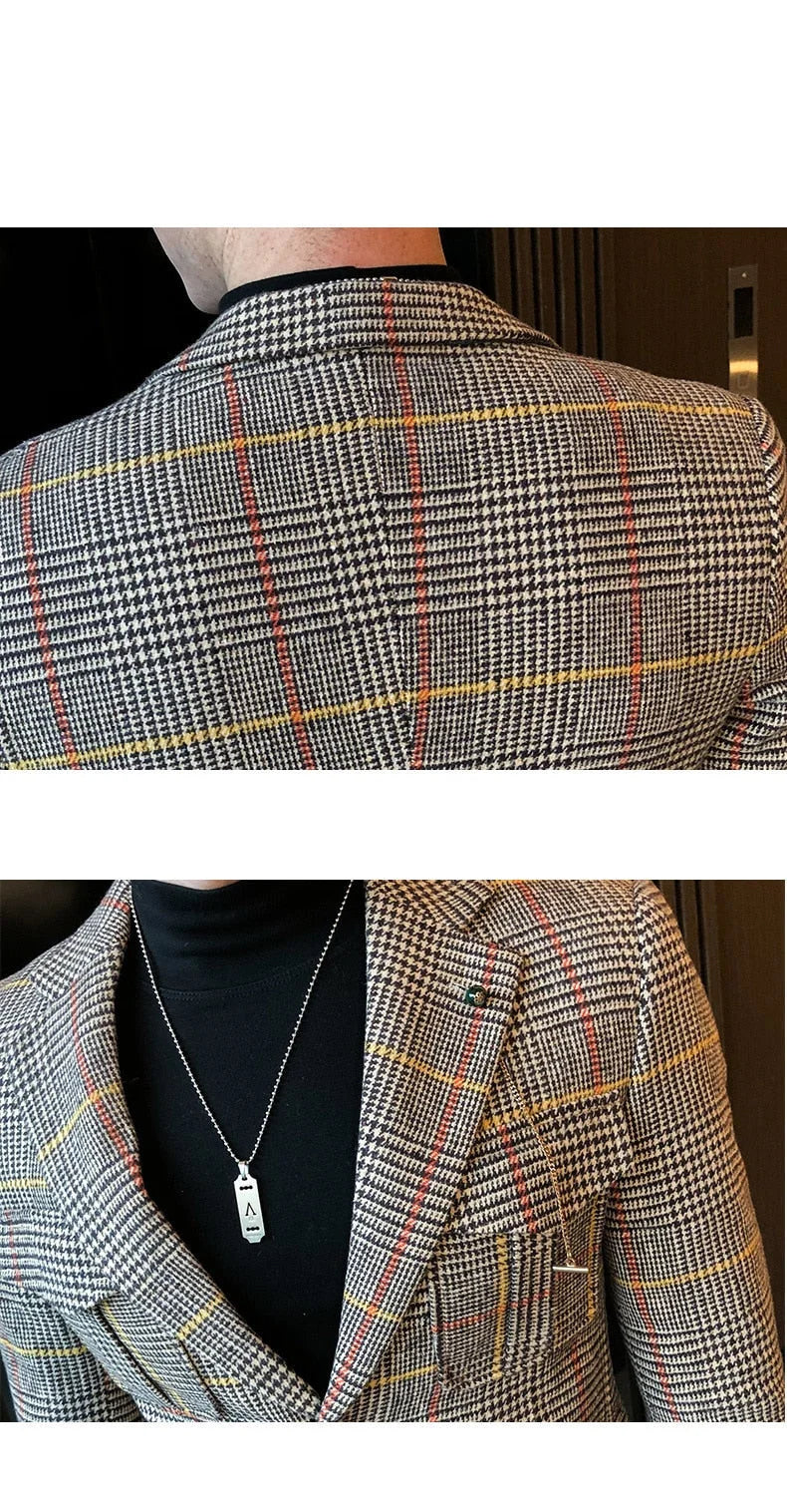 Men's Vintage British Style Plaid Pattern Business Casual Jacket Blazer