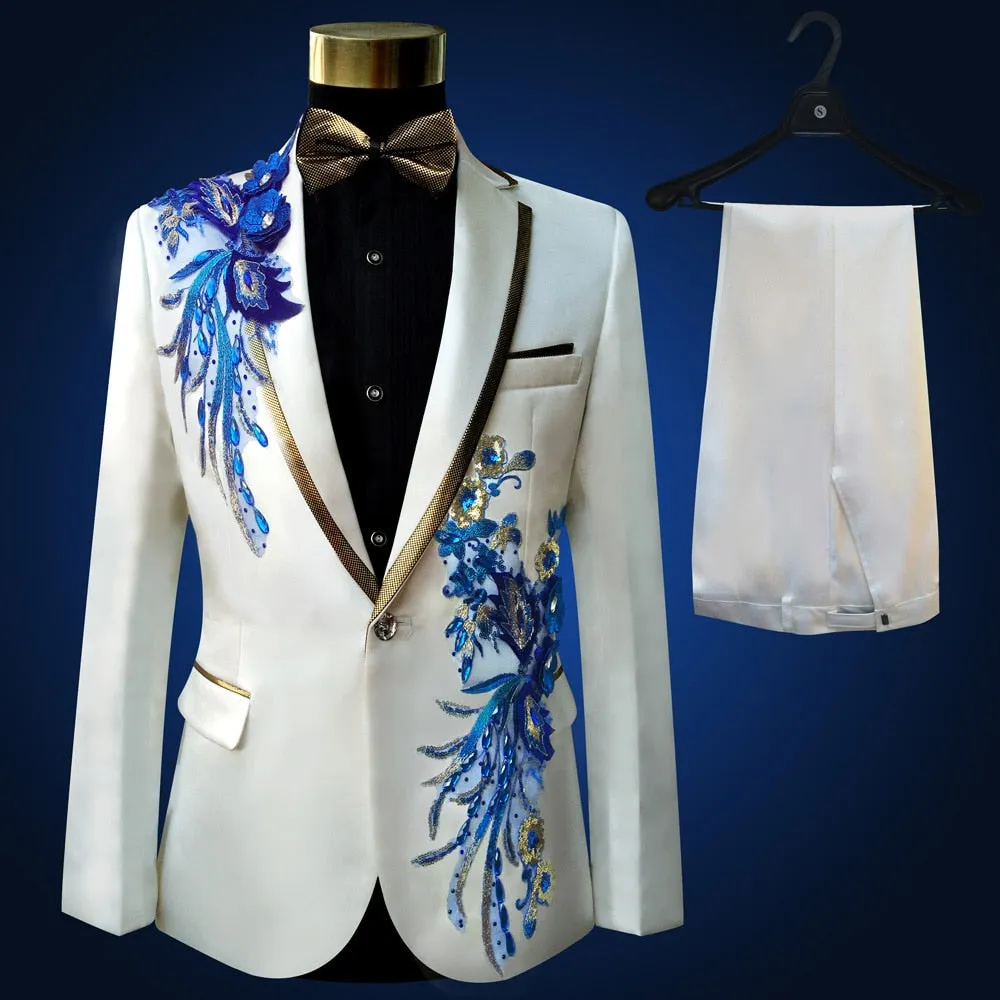 Men's White Blue Beaded Slim Fit Tuxedo Jacket Pants Two-Piece Suit