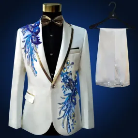 Men's White Blue Beaded Slim Fit Tuxedo Jacket Pants Two-Piece Suit