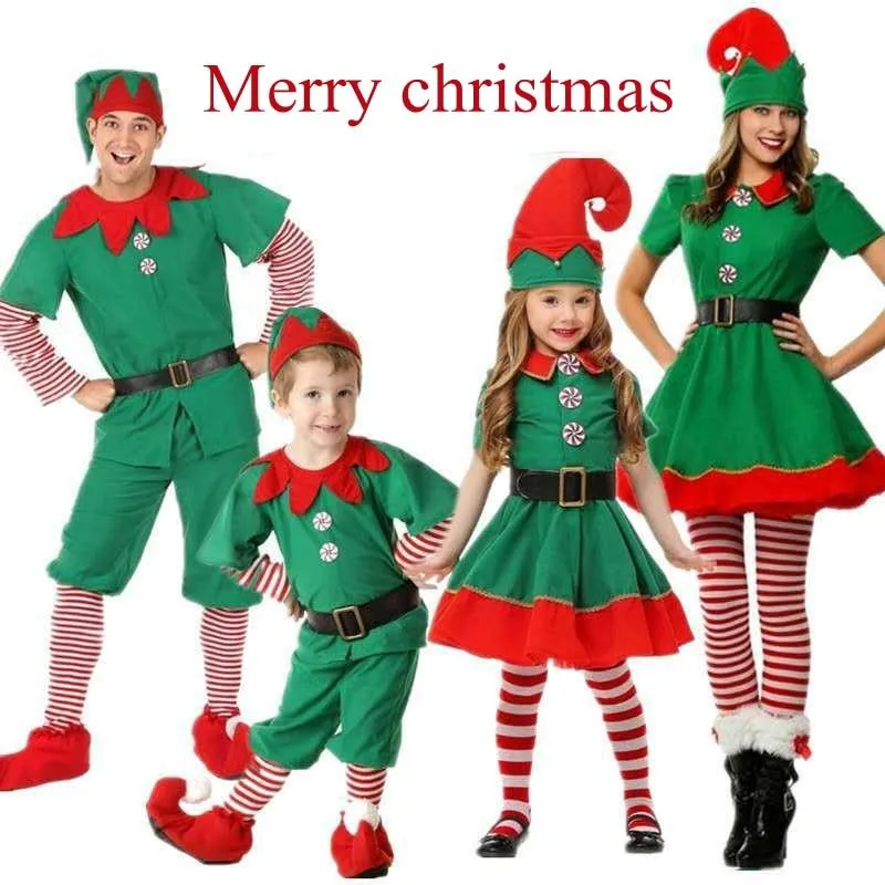 New Family Children's Christmas Elf Clothes for Boys Girls Mother Cosplay Clothes Parent-child Suits Christmas Ball Costumes