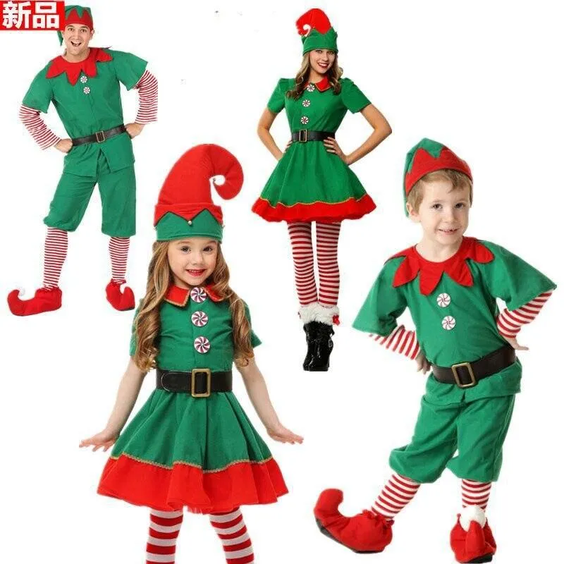 New Family Children's Christmas Elf Clothes for Boys Girls Mother Cosplay Clothes Parent-child Suits Christmas Ball Costumes