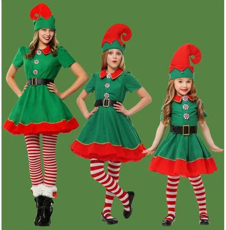 New Family Children's Christmas Elf Clothes for Boys Girls Mother Cosplay Clothes Parent-child Suits Christmas Ball Costumes