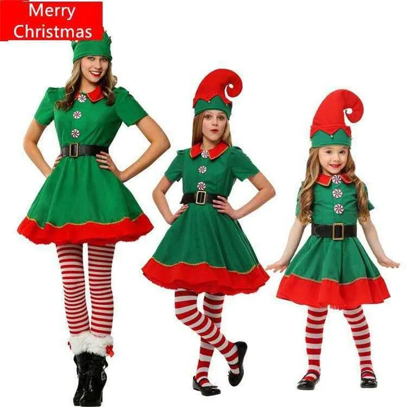 New Family Children's Christmas Elf Clothes for Boys Girls Mother Cosplay Clothes Parent-child Suits Christmas Ball Costumes