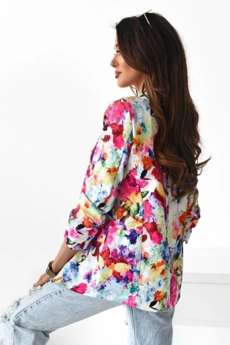 Pink Floral Lapel Detail Ruched Sleeve Blazer