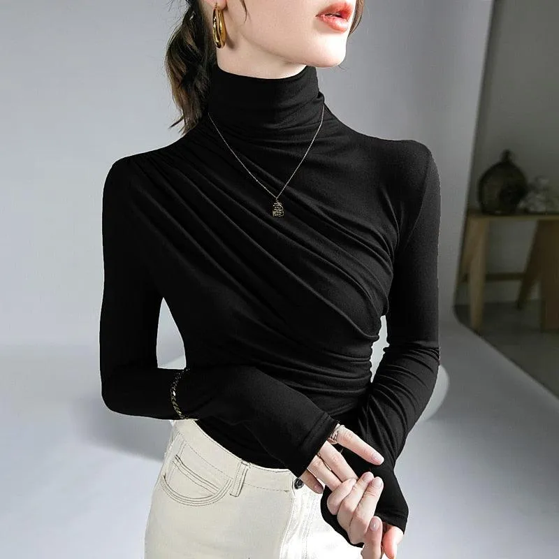 Pleated Stretch Turtleneck Bottoming Pullover Top