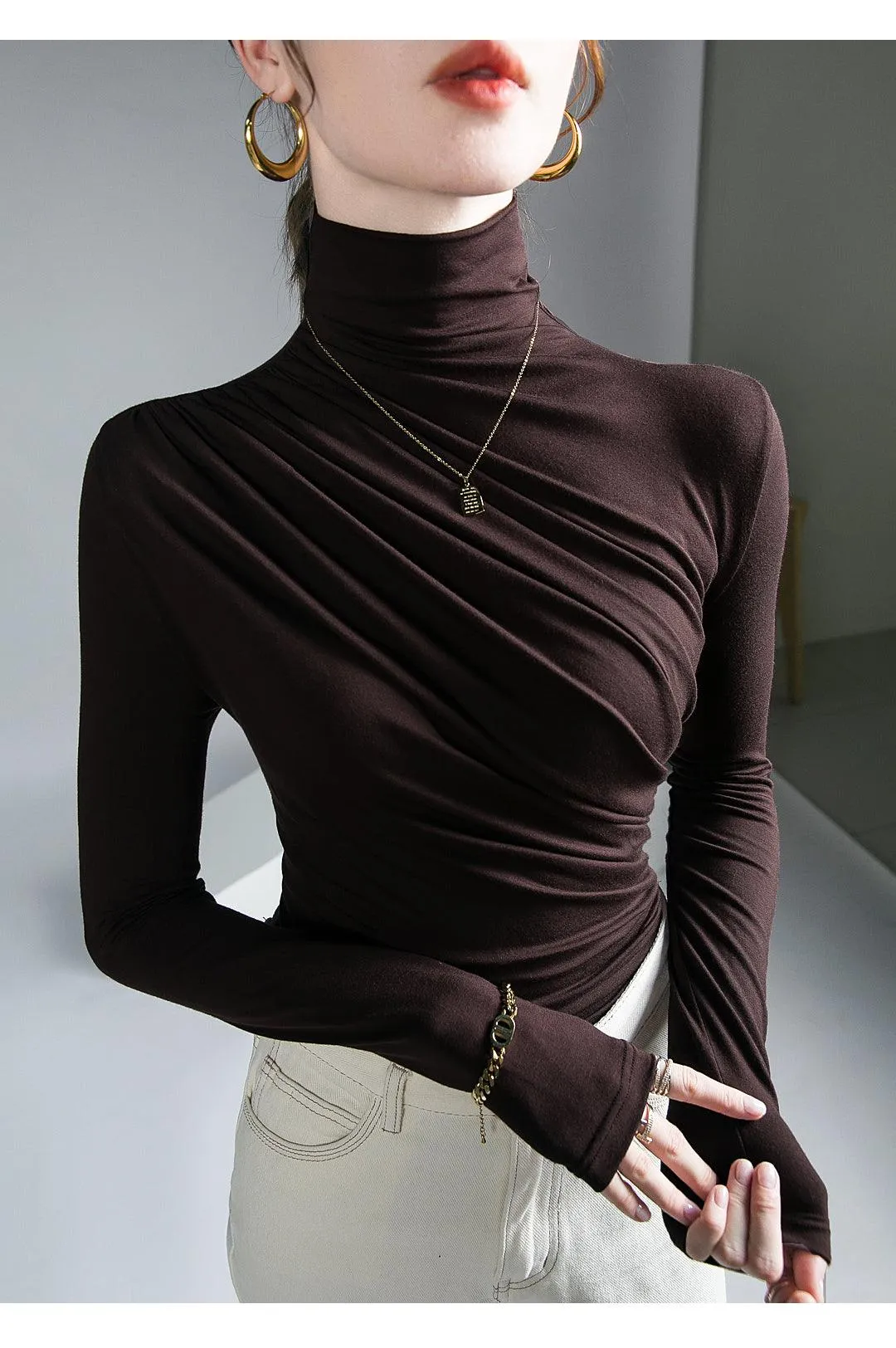 Pleated Stretch Turtleneck Bottoming Pullover Top