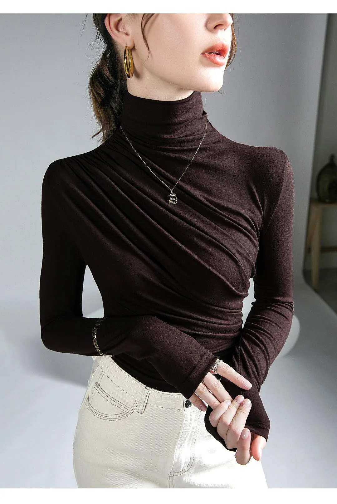 Pleated Stretch Turtleneck Bottoming Pullover Top