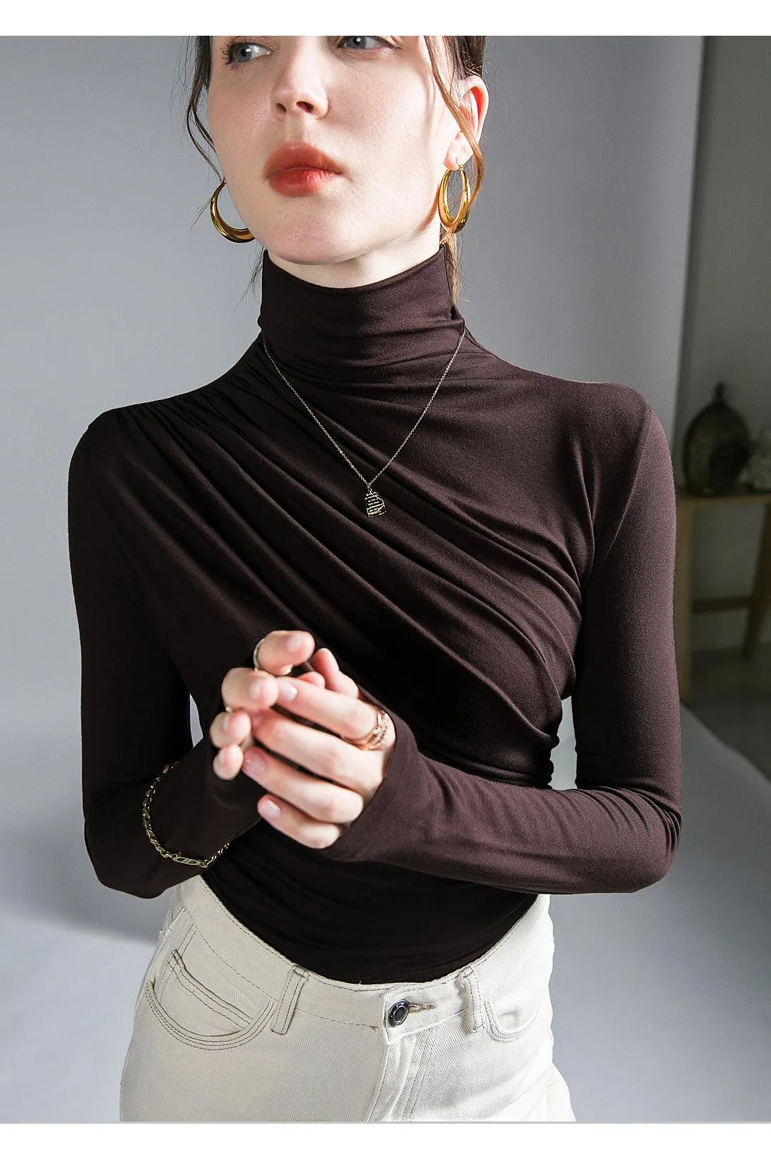 Pleated Stretch Turtleneck Bottoming Pullover Top