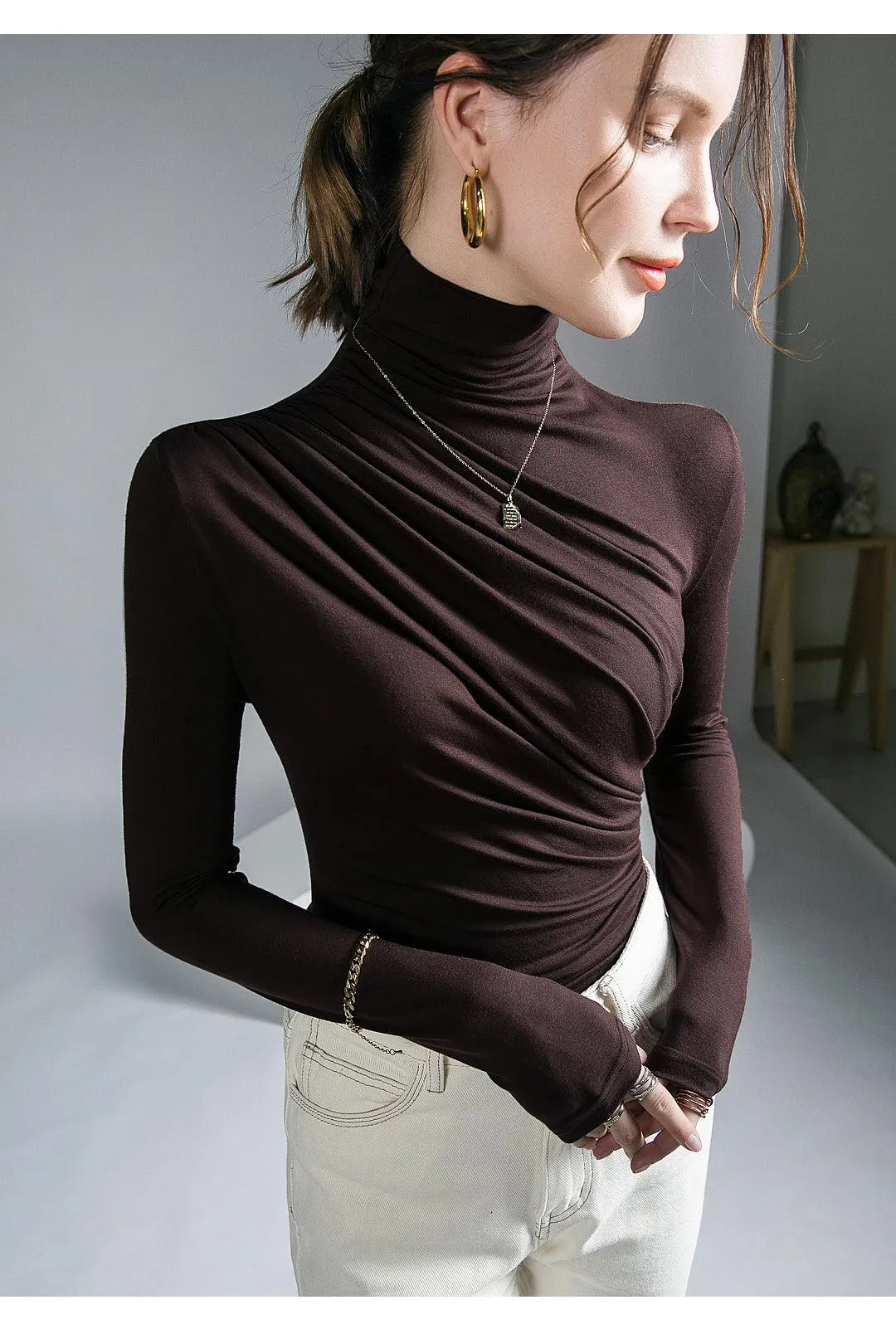 Pleated Stretch Turtleneck Bottoming Pullover Top