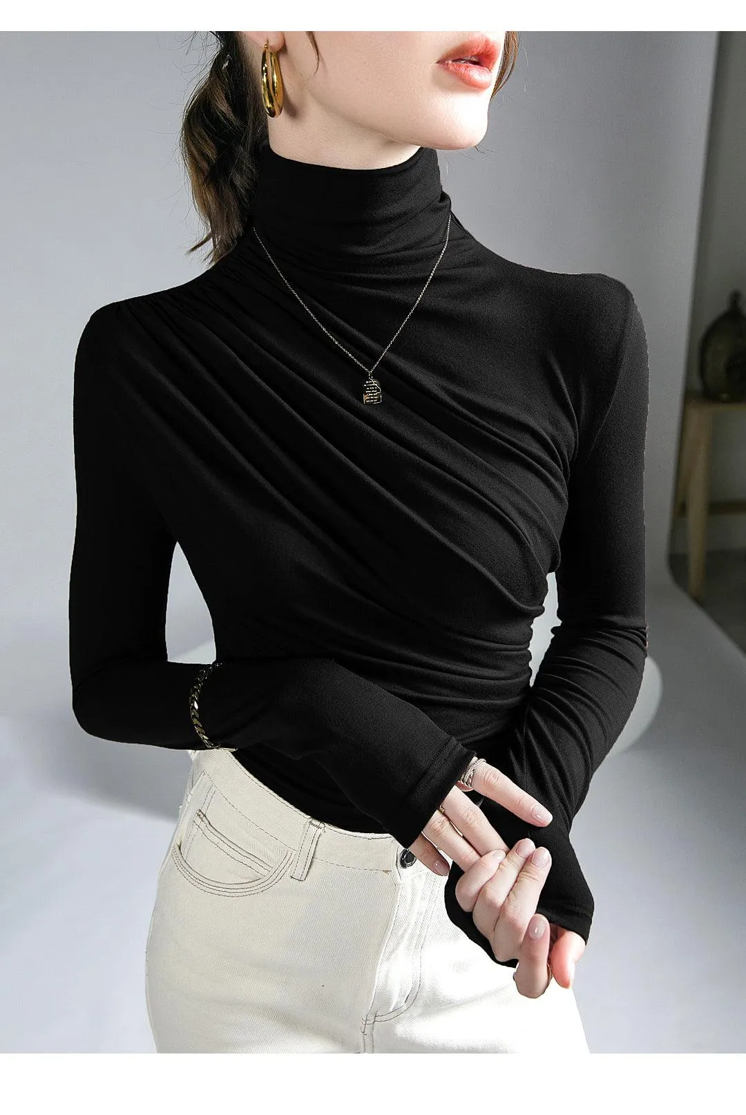 Pleated Stretch Turtleneck Bottoming Pullover Top