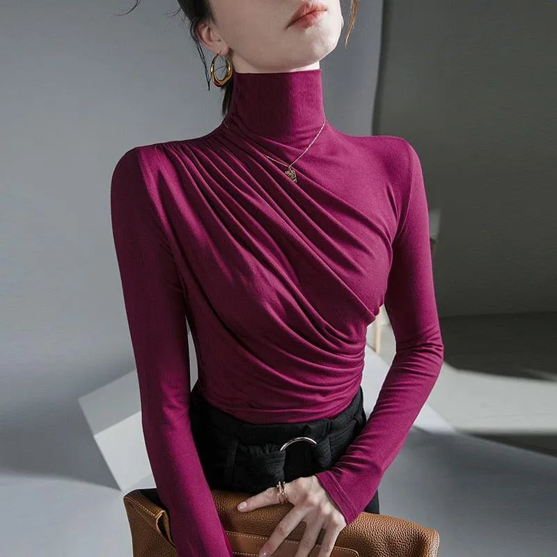 Pleated Stretch Turtleneck Bottoming Pullover Top