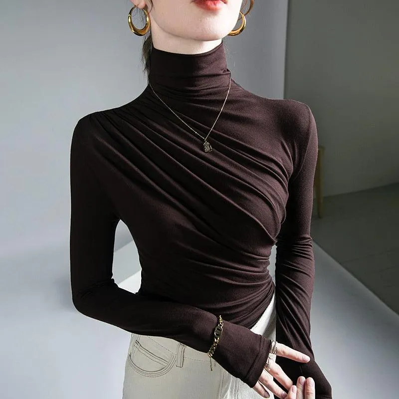 Pleated Stretch Turtleneck Bottoming Pullover Top