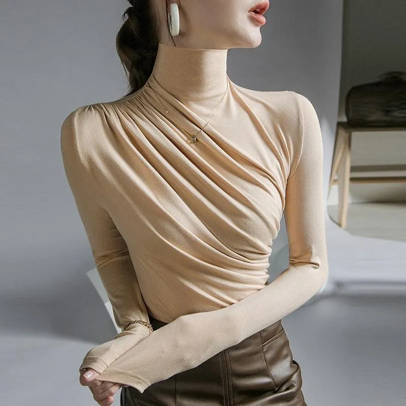 Pleated Stretch Turtleneck Bottoming Pullover Top