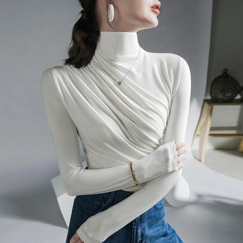 Pleated Stretch Turtleneck Bottoming Pullover Top