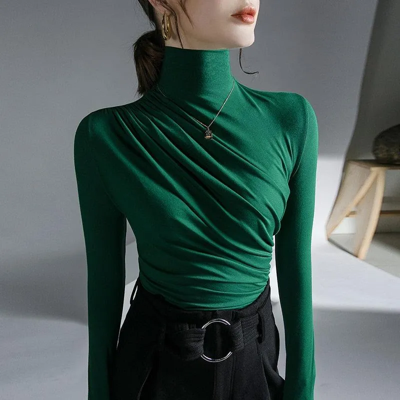 Pleated Stretch Turtleneck Bottoming Pullover Top