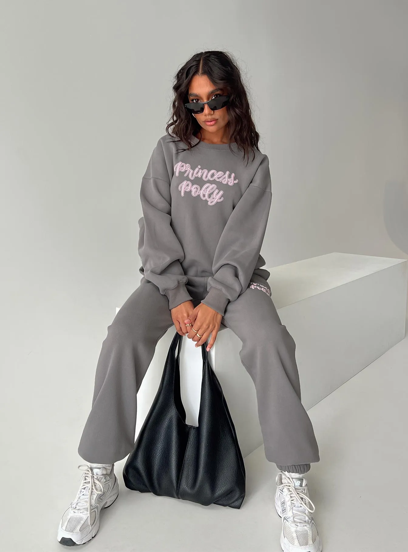 Princess Polly Crew Neck Sweatshirt Puff Text Charcoal