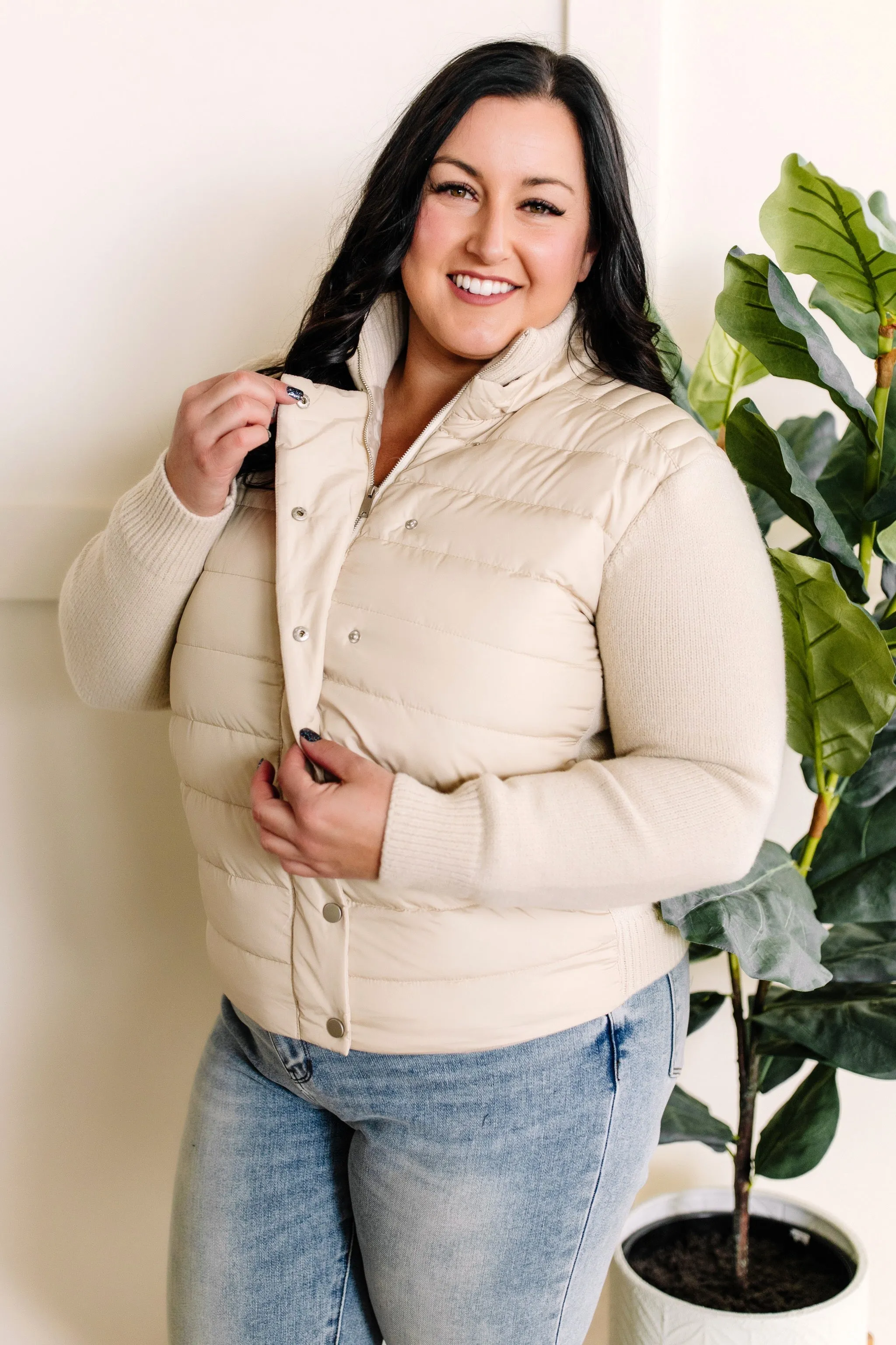 Puffer Sweater Jacket With Knit Detail In Vanilla