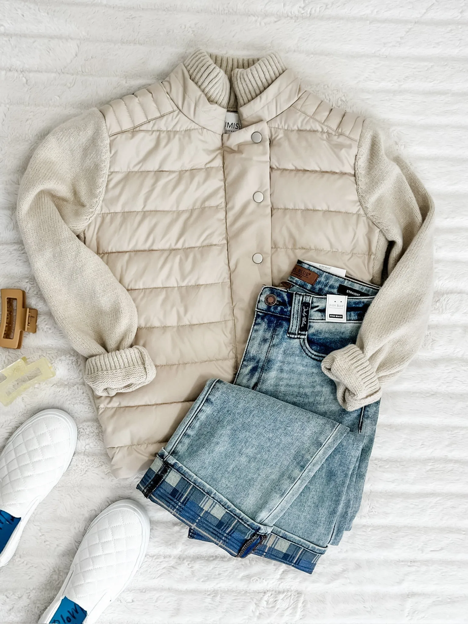 Puffer Sweater Jacket With Knit Detail In Vanilla