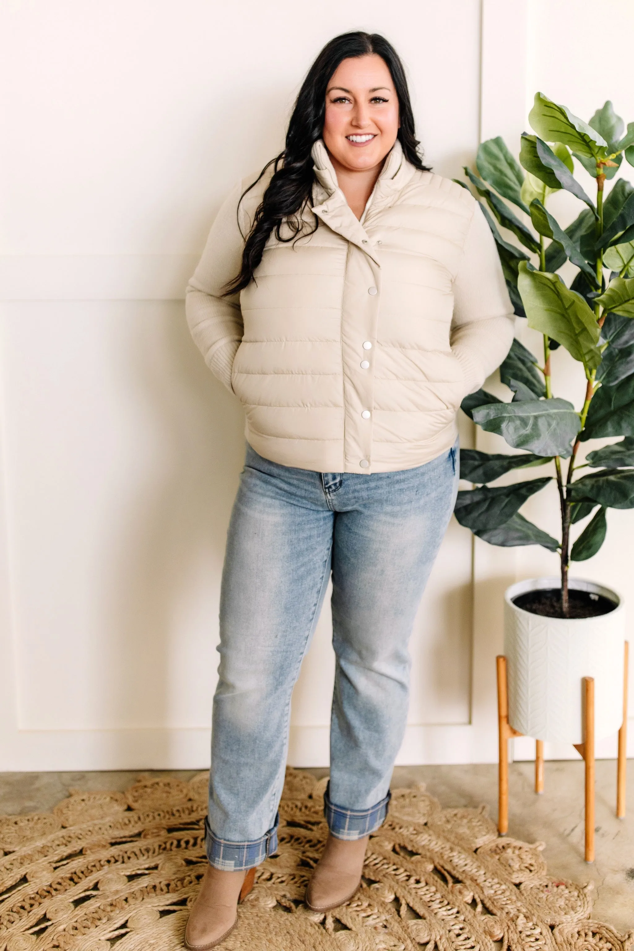 Puffer Sweater Jacket With Knit Detail In Vanilla