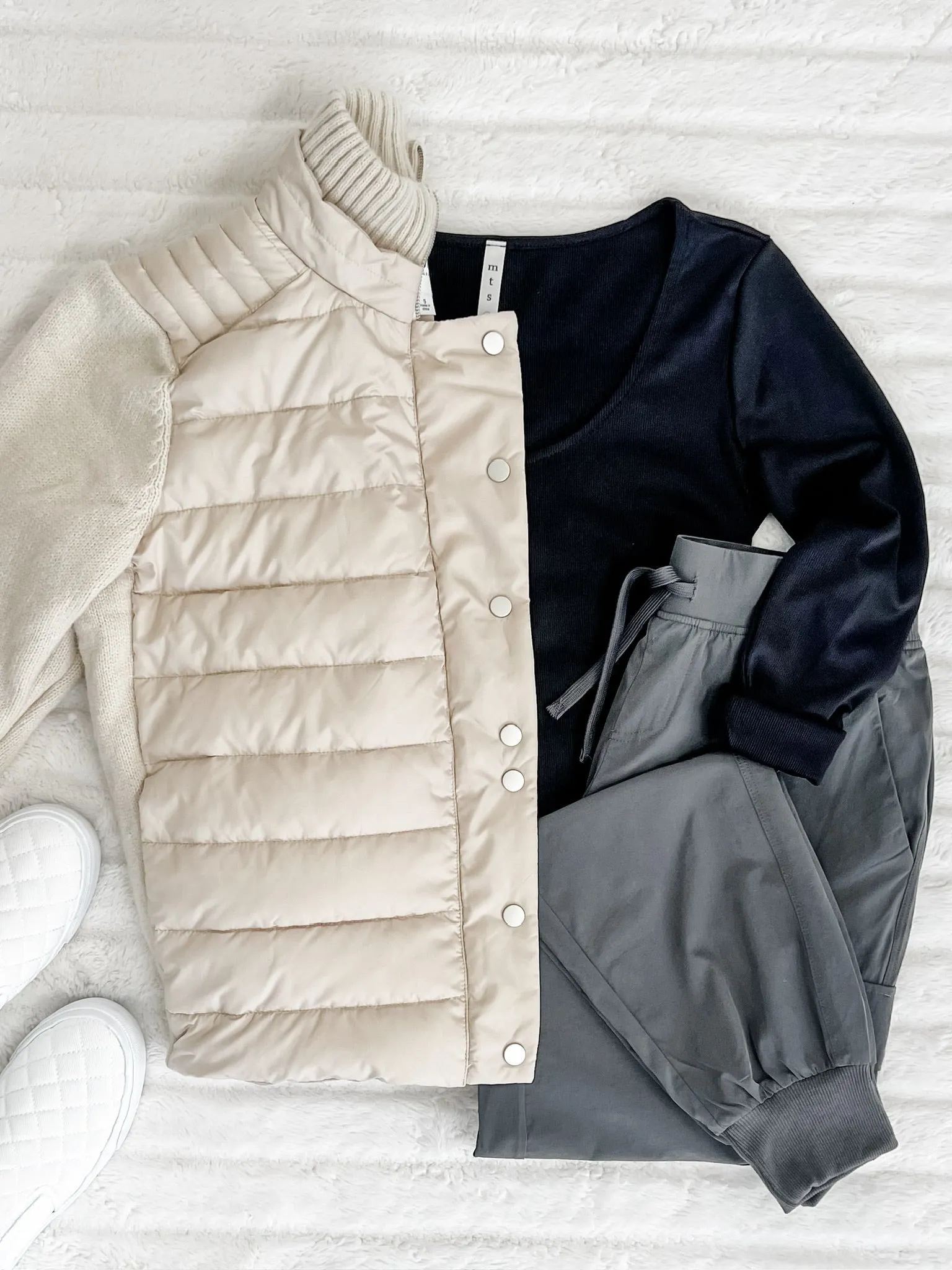 Puffer Sweater Jacket With Knit Detail In Vanilla