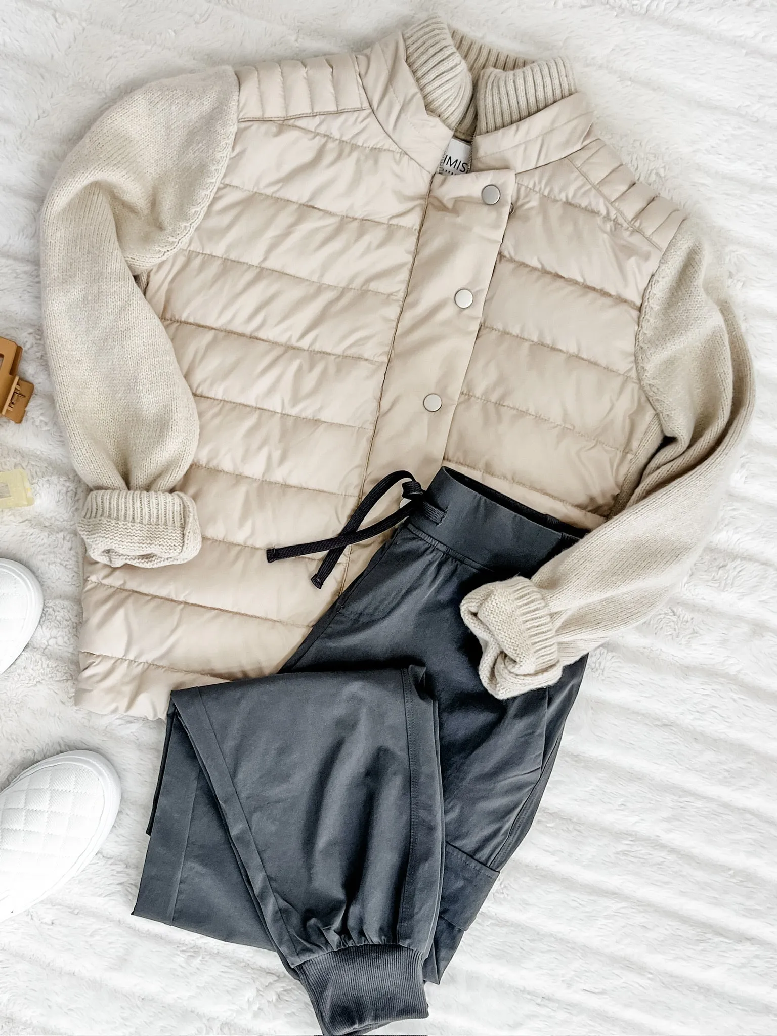 Puffer Sweater Jacket With Knit Detail In Vanilla