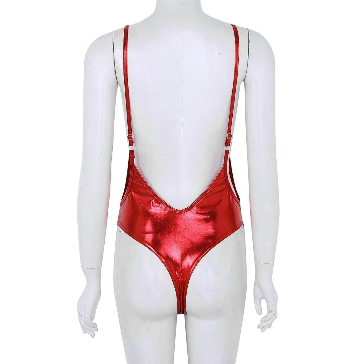 Shiny Metallic One-Piece Sleeveless Patent Leather High Cut Body Suit