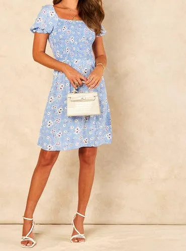 Signage Floral Shearing Details Short Summer Dress - Skyblue