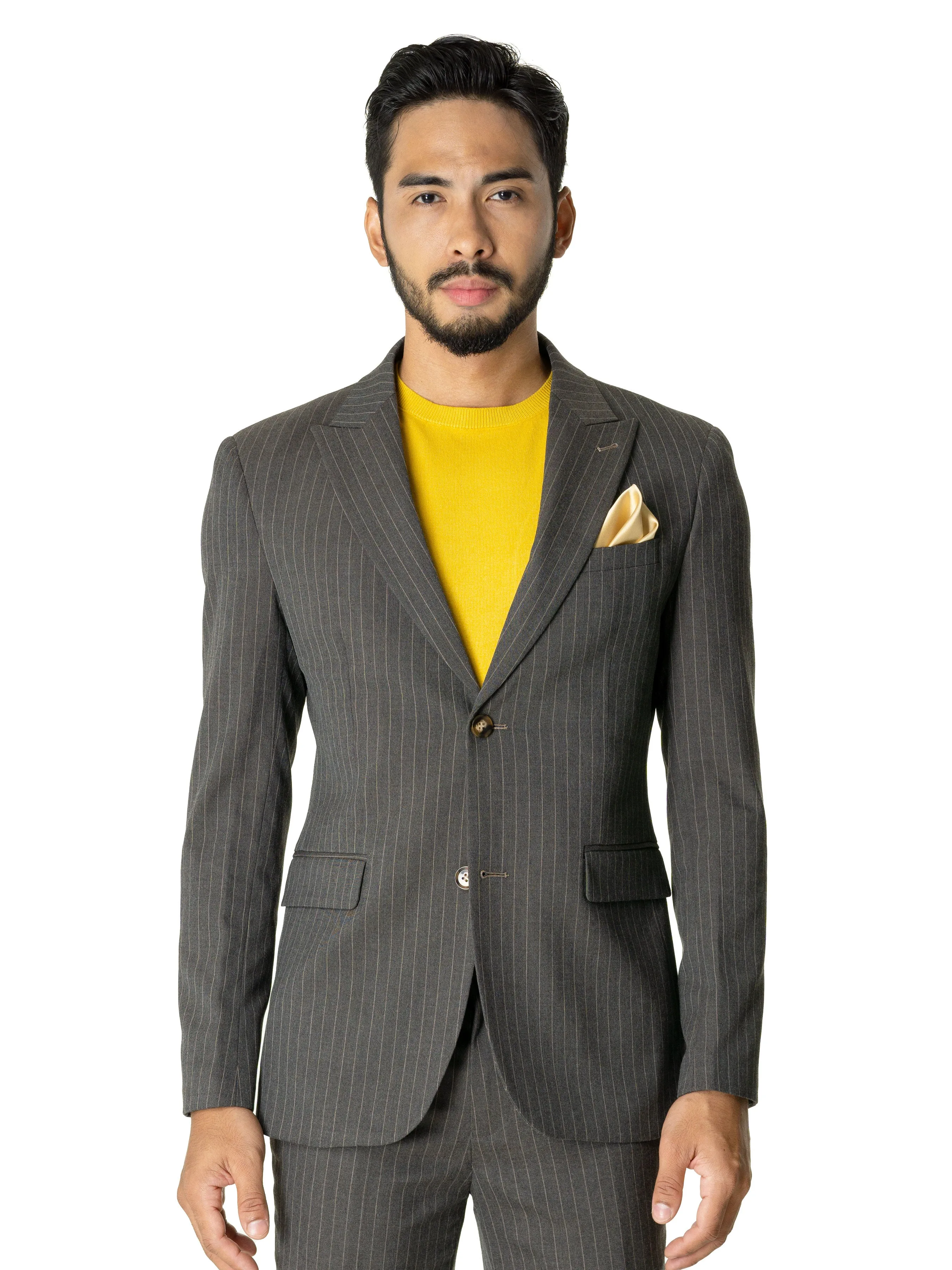 Single Breasted Suit Blazer - Dark Grey with Brown Pinstripes (Peak Lapel)