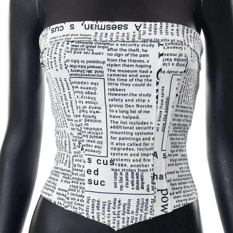 Slim Fit Vest Newspaper Letter Printing Wrap Chest Short Top