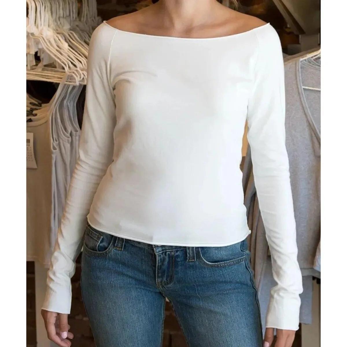 Solid Slim Shoulder Out Long Sleeve Top