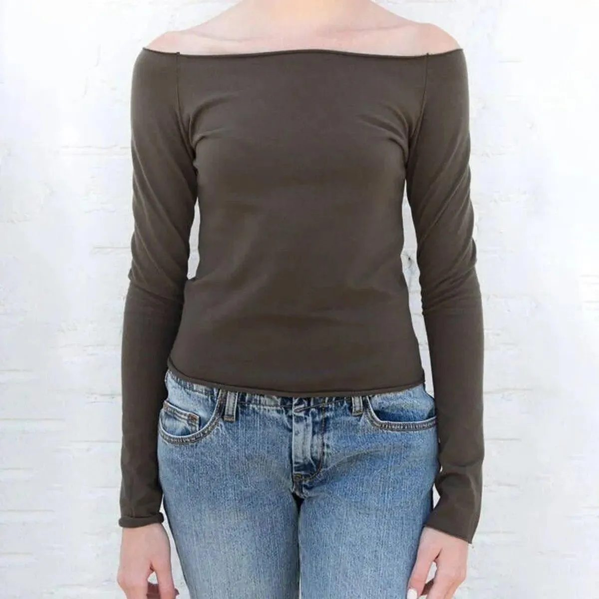 Solid Slim Shoulder Out Long Sleeve Top