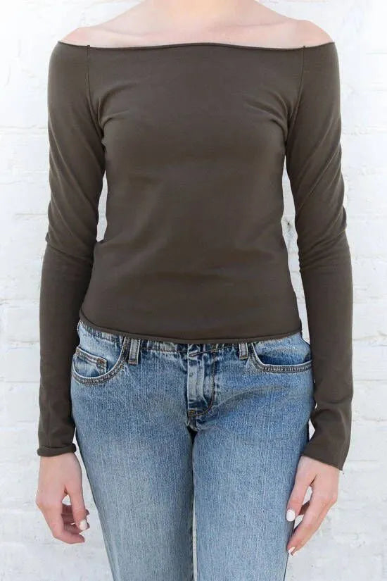 Solid Slim Shoulder Out Long Sleeve Top