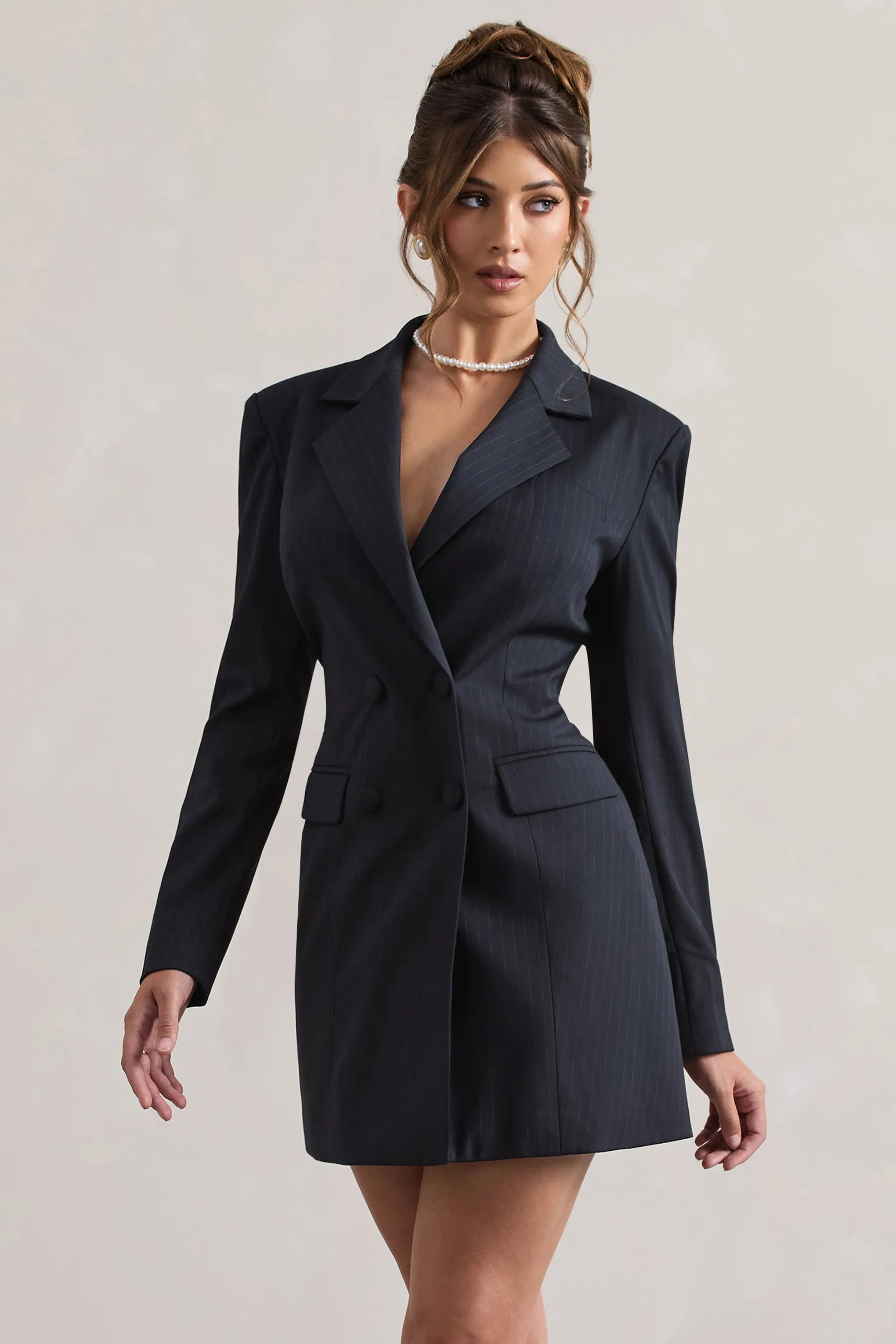 State Of Mind | Navy Pinstripe Tailored Blazer Mini Dress