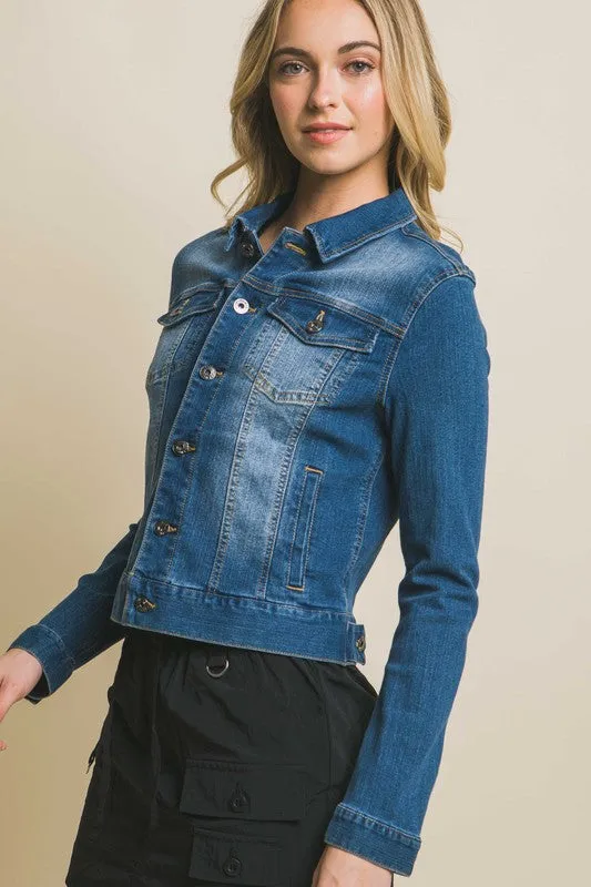 STRETCHY Distressed Button Up Denim Jacket